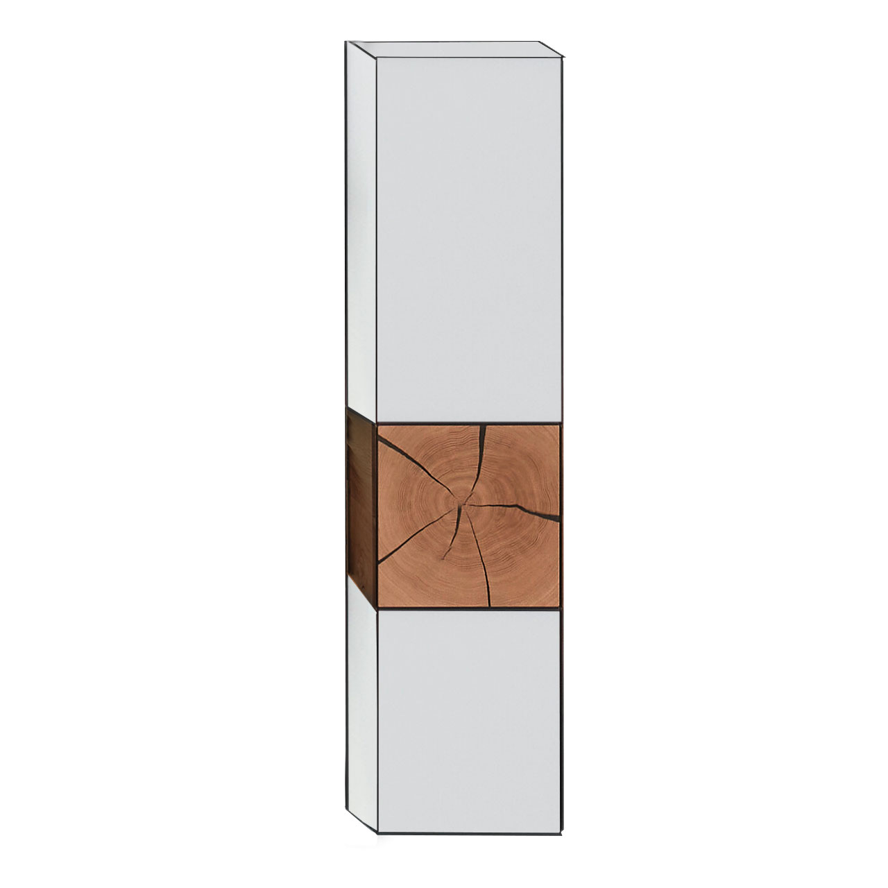 Moderner Hängeschrank aus massiver Kerneiche Umato mit Mattglas weiß Fronten und einer im unteren Drittel platzierten rechteckigen Hirnholzscheibe.