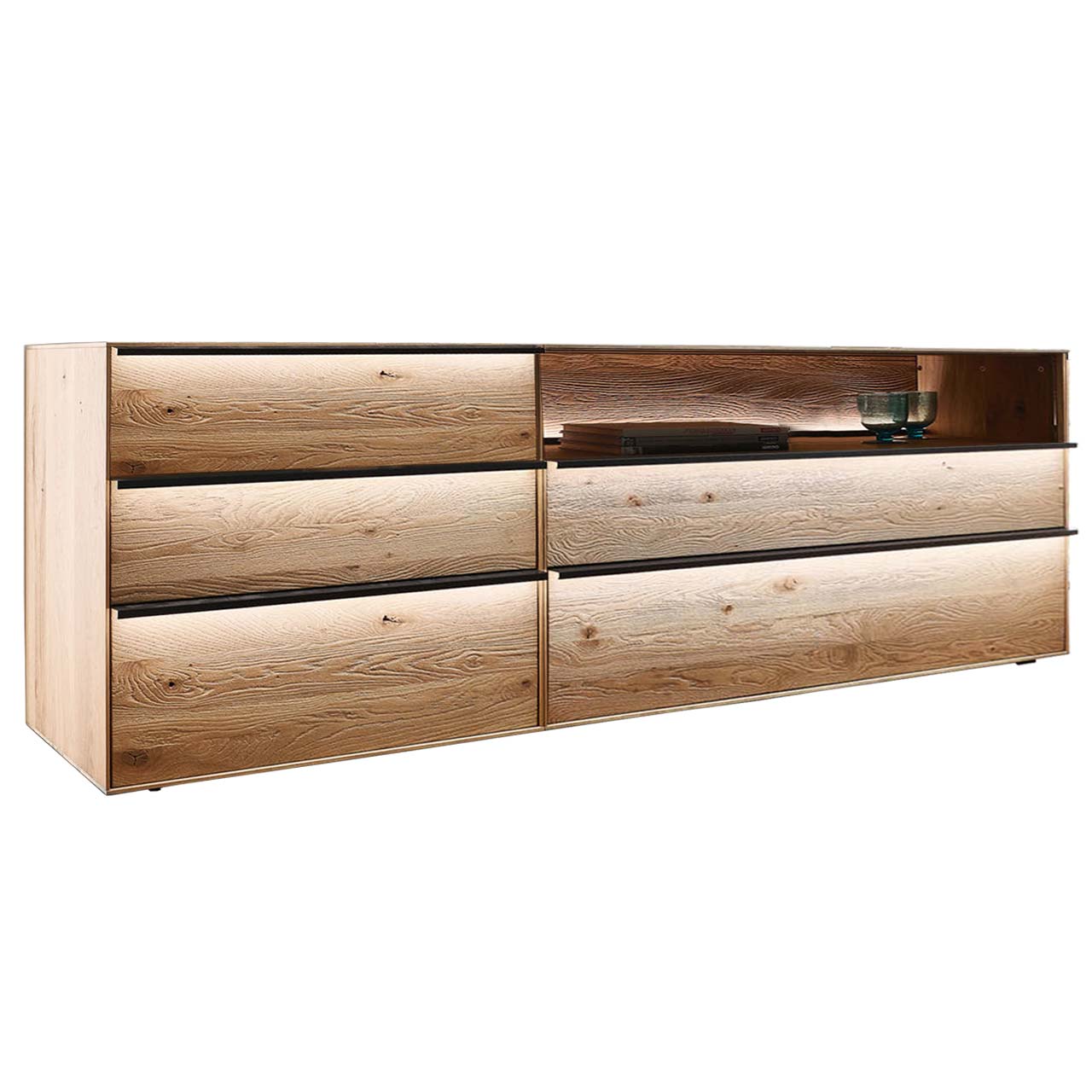 Sideboard aus massiver Kerneiche Natur mit 4 Schubkästen & Glasfront