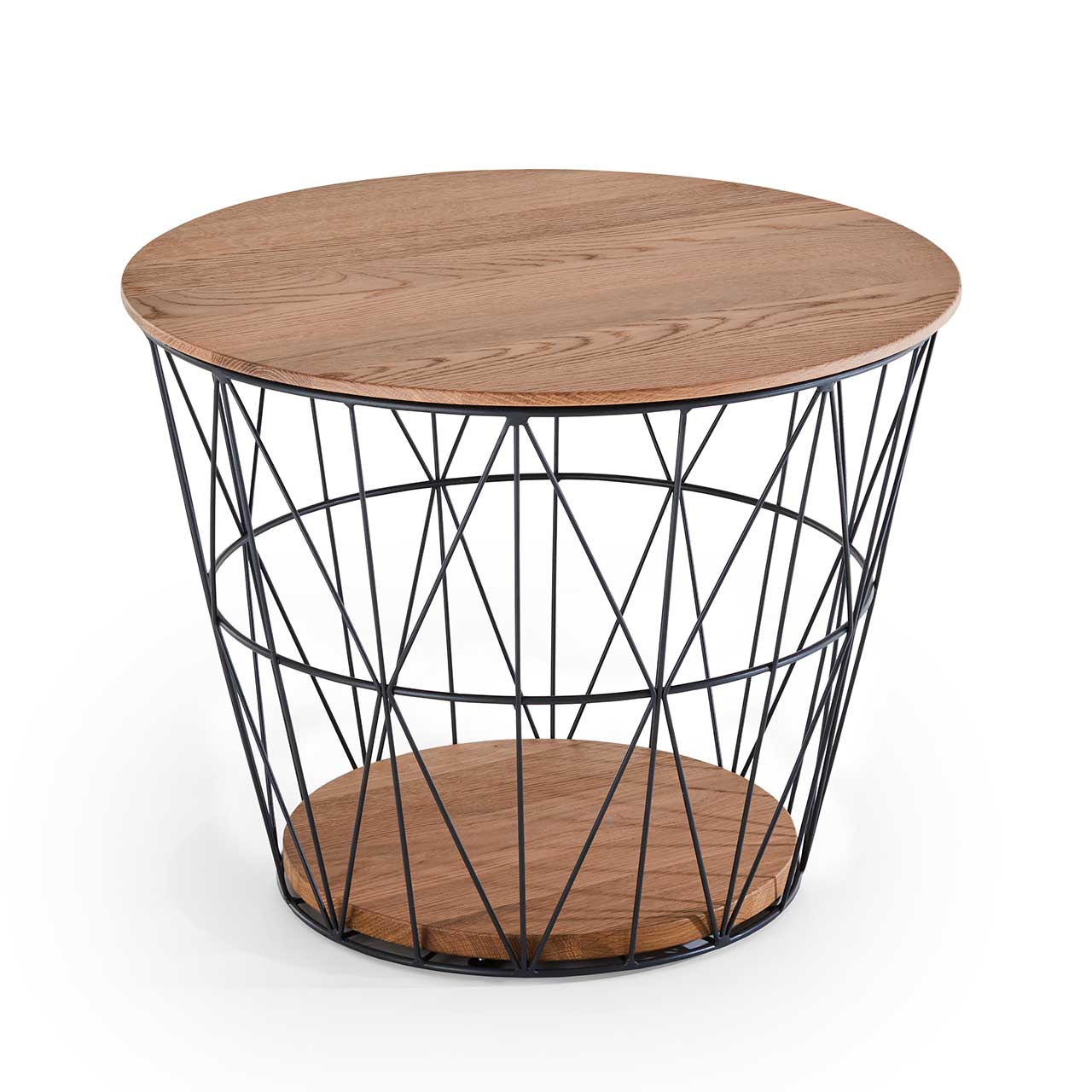 Raffinierter, runder Couchtisch mit feinem Metallkorb in Anthrazit und abnehmbarem Holzdeckel sowie Bodenplatte aus Riffeiche Umato.