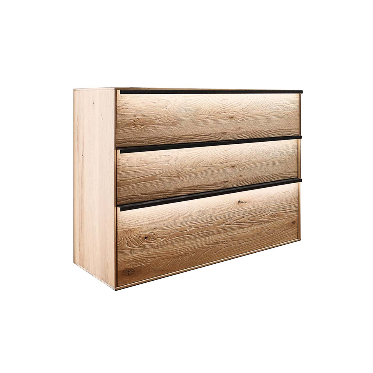 Anbauelement aus massiver Kerneiche Natur mit 2 Schubkästen & 1 Klappe und optionaler Griffbeleuchtung