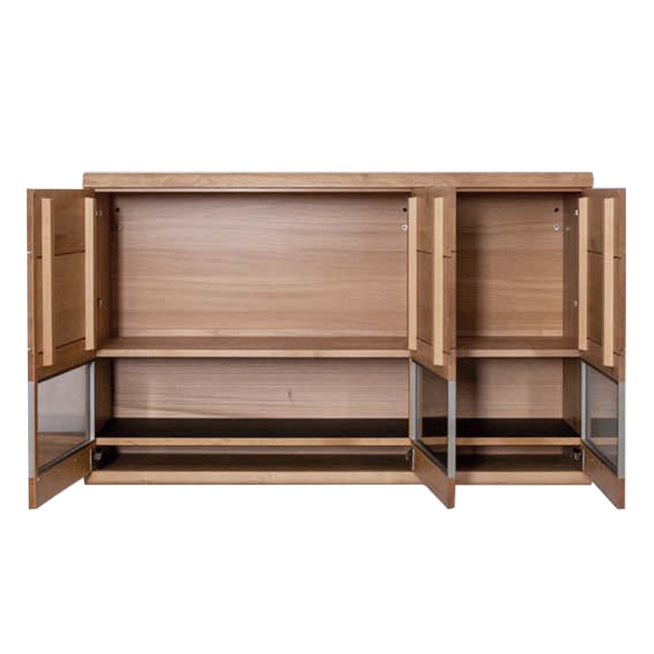 Edle Hängevitrine aus massiver Wildeiche mit einer offenem Glas-Holztür rechts und einer offenen doppelflügeligen Glas-Holztür links mit sichtbaren Holzeinlegeböden.