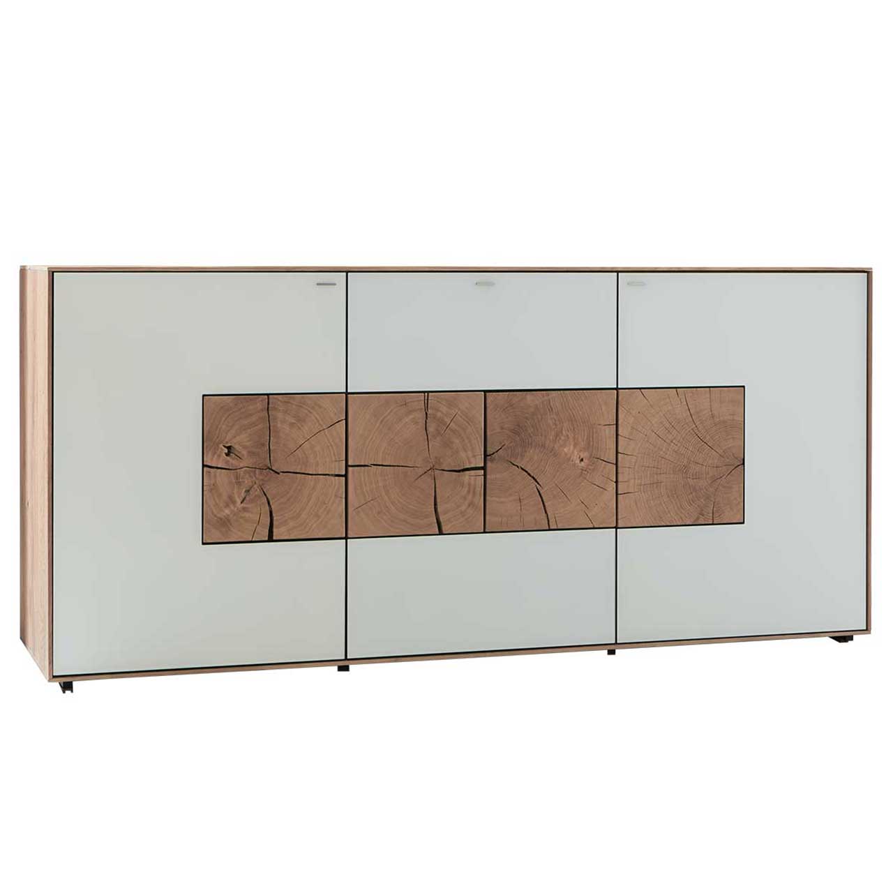 Hartmann CAYA - Sideboard 7170-4177W Modernes Sideboard aus massiver Kerneiche Umato mit weißfarbenen Mattglasfronten und vier dekorativen, rechteckigen Hirnholzscheiben.