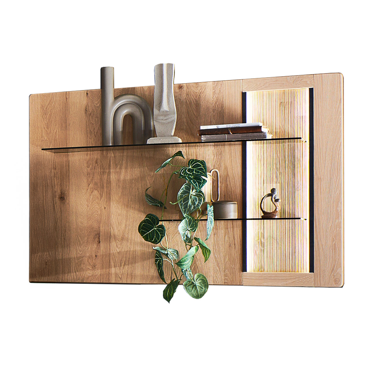 Modernes Wandpaneel aus massiver Kerneiche Natur mit zwei Glasböden (oben lang, unten kurz) und rechtsseitiger, edel geschroppter, beleuchteter Rückwand. 