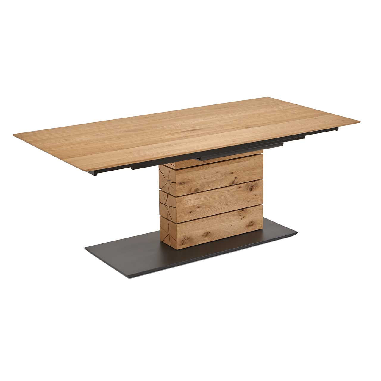 Hartmann NATURZEIT 7100E/8400E - 1552 Esstisch T100 Moderner Esstisch aus massiver Kerneiche mit rechteckiger, ausziehbarer Tischplatte mit Säule aus vier massiven Holzblöcken und rechteckiger Bodenplatte in der Farbe anthrazit.