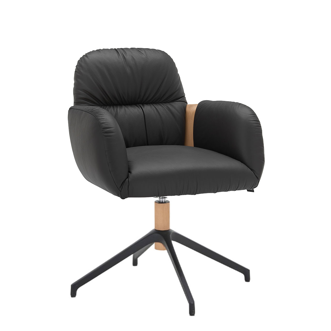 Hartmann NATURZEIT 7100E/8400E - 1740 Stuhl Gerry Moderner Esszimmerstuhl mit gepolstertem Sitz und Rücken in schwarzem Leder, seitlicher Holzapplikation an Lehne und Vier-Fuß-Stativgestell aus Metall in Anthrazit und Holz.