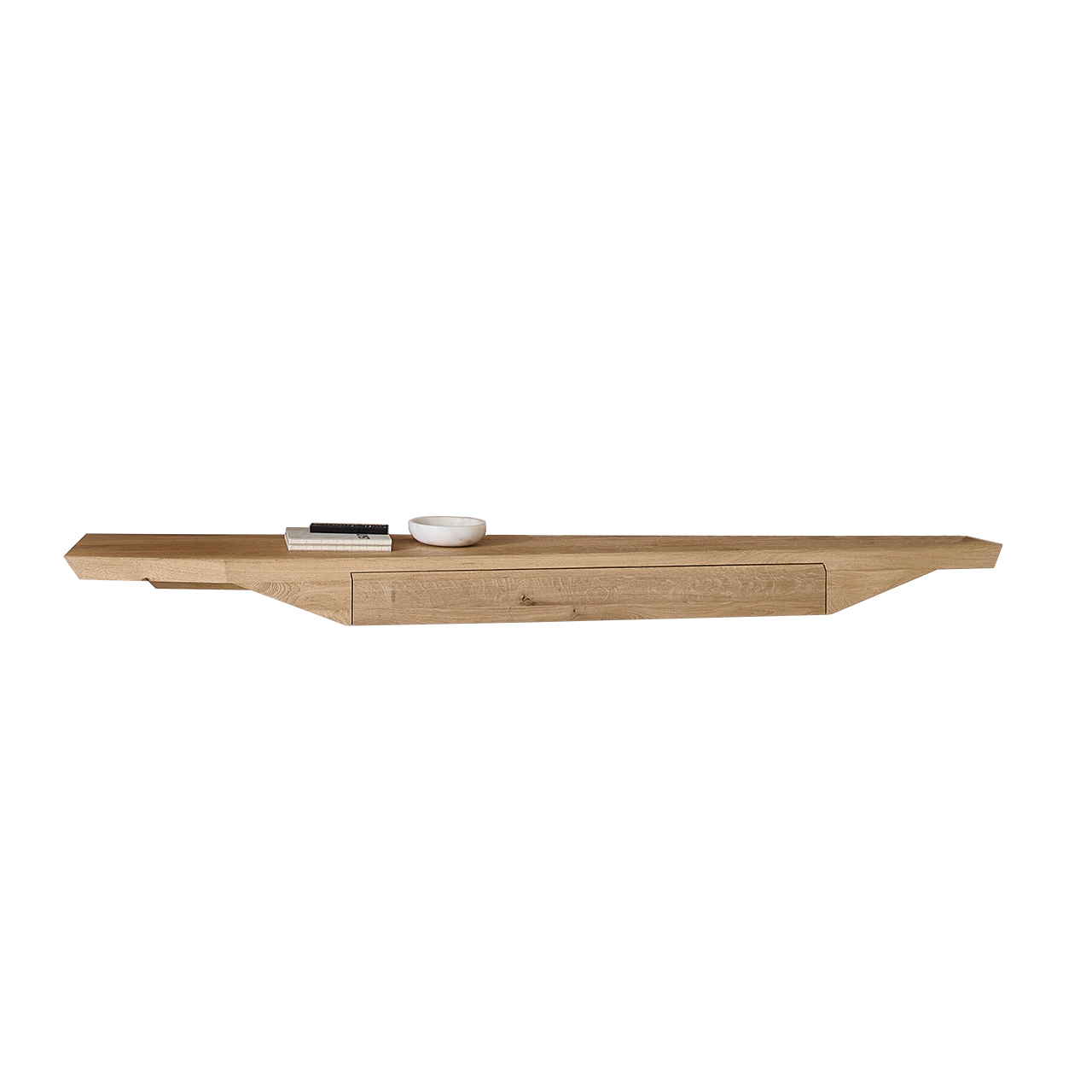 Modernes Hängelowboard aus massivem Riffholz im asymmetrischem Design  mit praktischem Schubkasten - Breite 236cm.