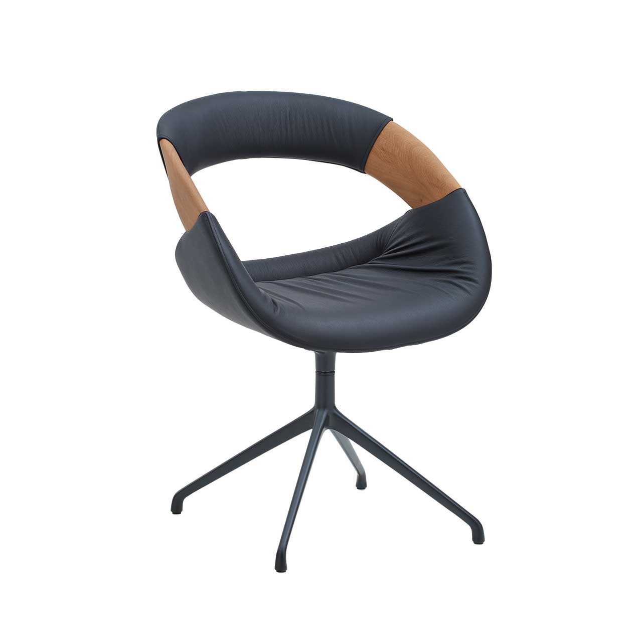 Hartmann NATURZEIT 7100E/8400E - 1666 Stuhl Leo Drehbarer Esszimmerstuhl mit gepolstertem Sitz und Rücken in dunkelblauem Leder, offener Lendenbereich mit seitlicher Holzapplikation an Lehne und Vier-Fuß-Stativgestell aus Metall Anthrazit.
