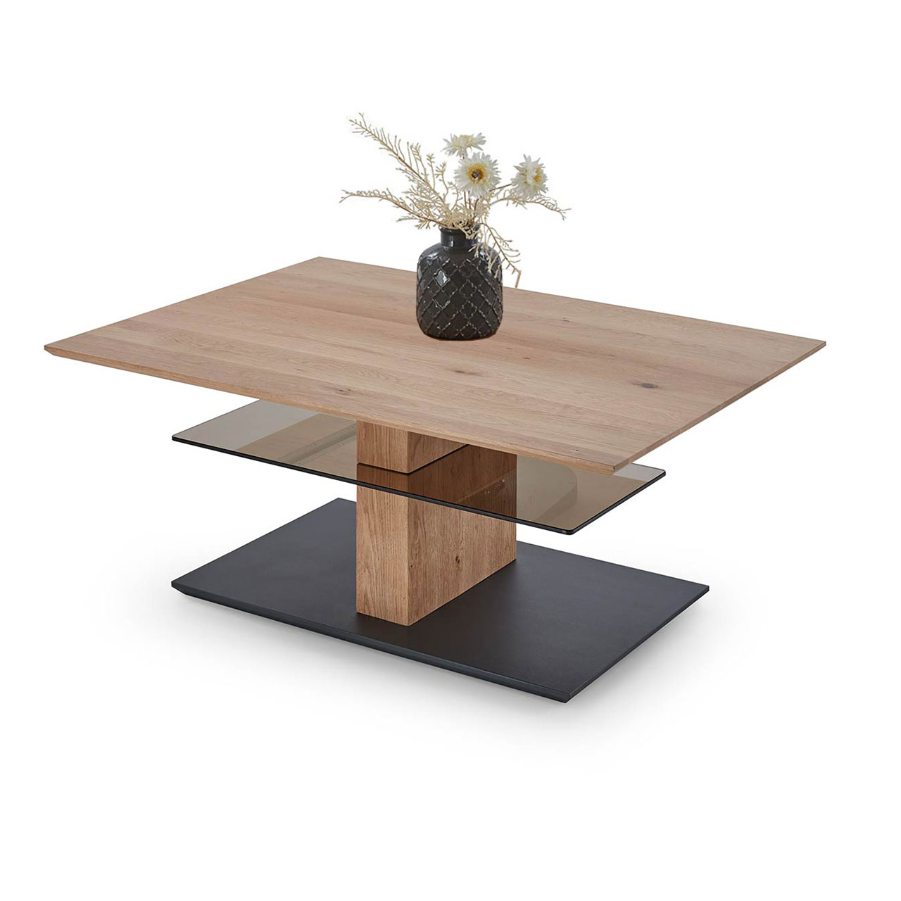 Edler Couchtisch mit rechteckiger, höhenverstellbarer Tischplatte aus hellem Eichenholz und zusätzlicher fester Glasablage darunter - auf massiver Holzsäule und dunkler Bodenplatte.