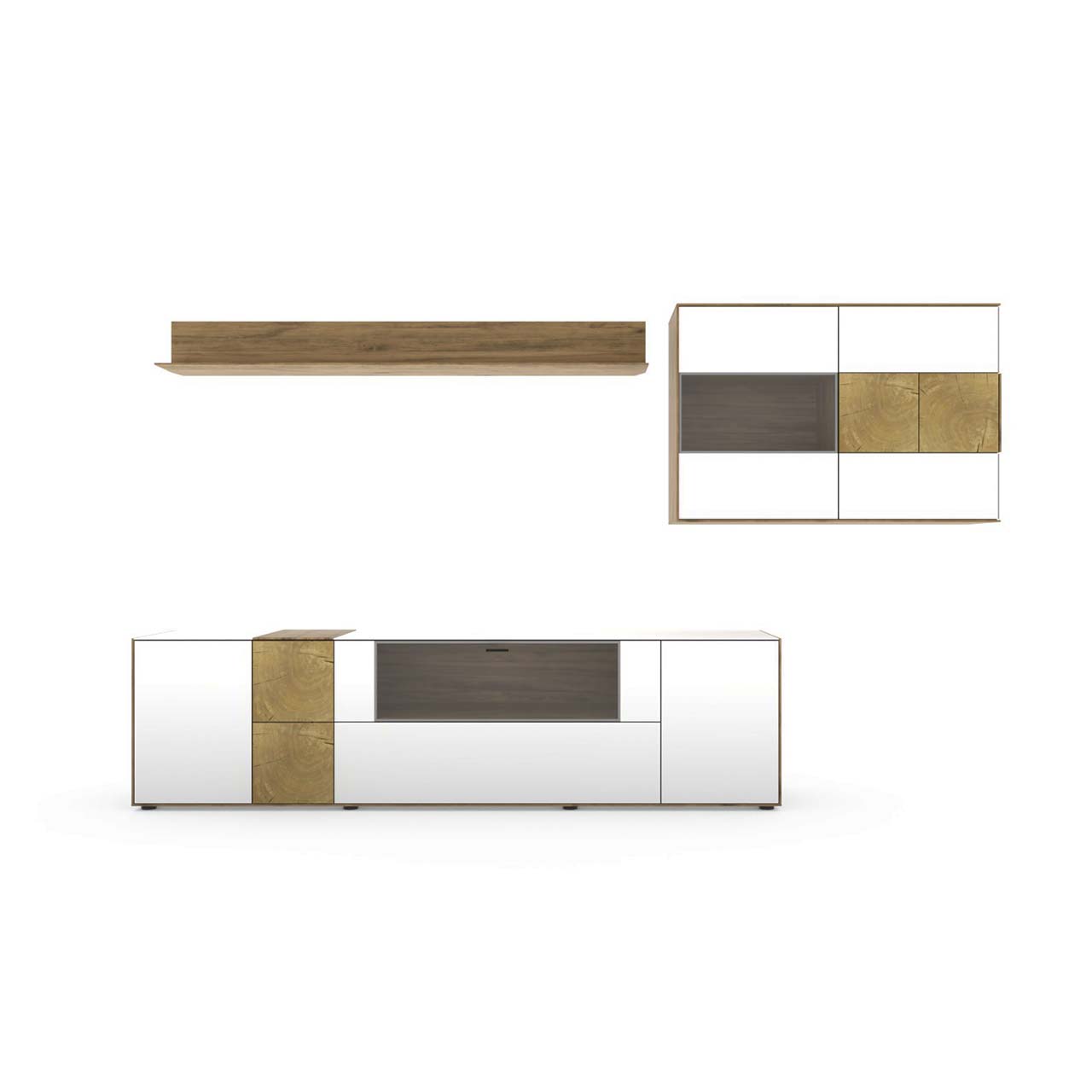 Hartmann CAYA - Wohnwand 7170 Nr. V86W - zweiteilig - Furnplanbild Computergeneriertes Bild einer Holz Wohnwand mit weißen Fronten und dekorativen Hirnholzscheiben bestehend aus Lowboard mit Glasfront, Holz-Wandpaneel und Hängevitrine.