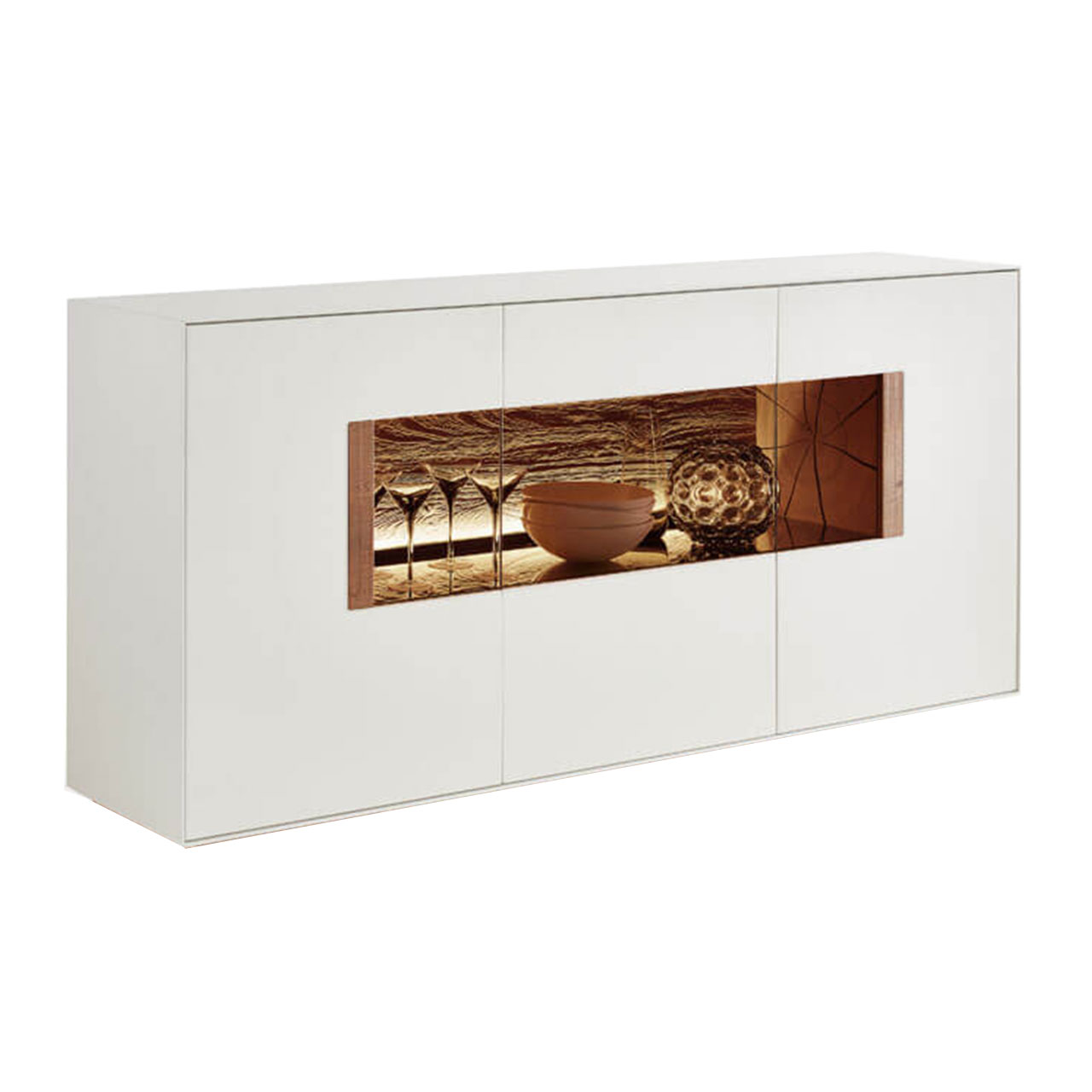 modernes Sideboard in Lack weiß mit Glastüren und Riffholzakzent
