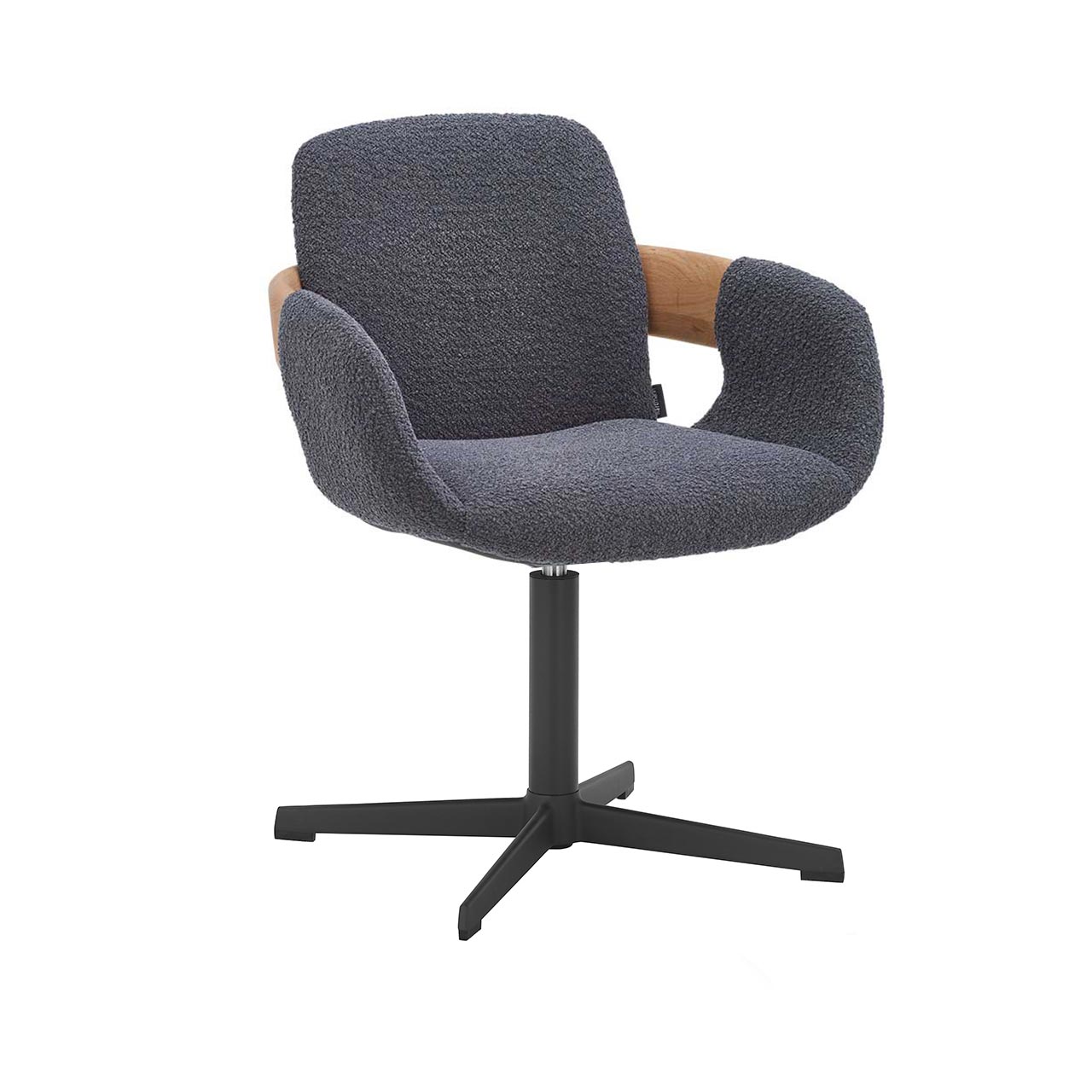 Hartmann NATURZEIT 7100E/8400E - 1762 Stuhl Emil Comfort - Frontansicht Moderner Esszimmerstuhl in Frontansicht mit gepolsterter Sitzfläche und Rückenlehne in dunkelgrauem Stoff, Holzapplikation an Lehnen und Vier-Fuß-Sterngestell aus Metall in Anthrazit.