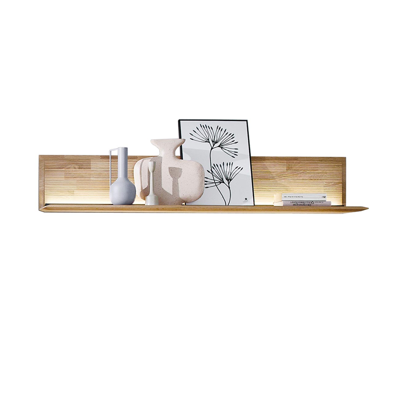 Modernes Wandregal aus massivem Holz mit geschroppter Rückwand und Holzablageboden - Breite 154cm.