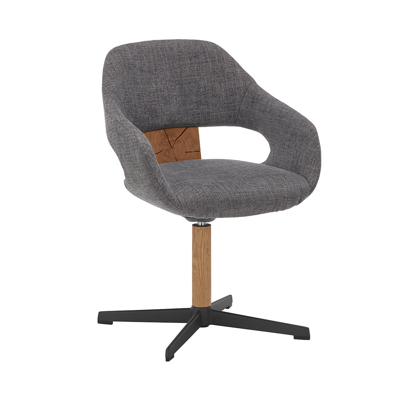 Moderner Esszimmerstuhl mit gepolsterter Sitzschale und anthrazitfarbenem Stoffbezug. Mit dekorativer Hirnholzscheibe im Lendenbereich auf Vier-Fuß-Kreuzgestell in Holz/Metall Anthrazit.