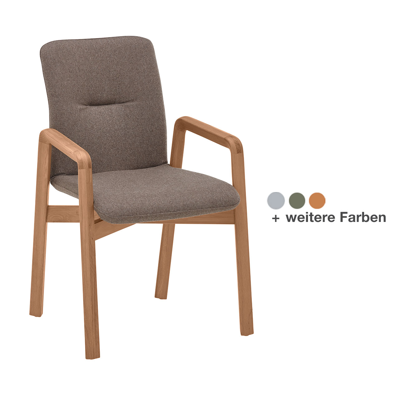 Klassischer Esszimmerstuhl mit gepolstertem Sitz und Rücken in dunkelbeigem Stoffbezug, seitlichen Holzlehnen und passendes Vier-Fuß-Gestell aus Massivholz - in Frontansicht.