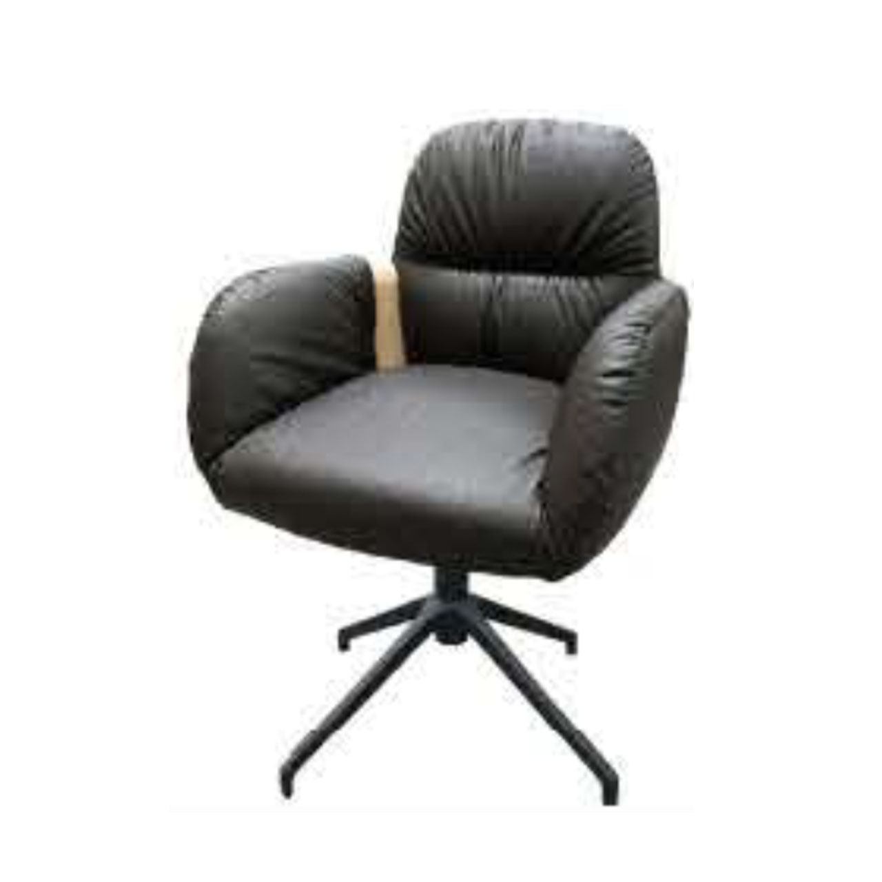 Hartmann NATURZEIT 7100E/8400E - 1739 Stuhl Gerry Moderner Esszimmerstuhl mit gepolstertem Sitz und Rücken in schwarzem Leder, seitlicher Holzapplikation an Lehne und Vier-Fuß-Stativgestell aus Metall in Anthrazit.