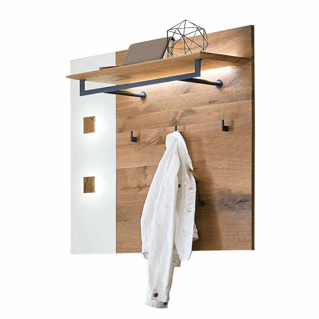 Praktische Wandgarderobe im rechteckigen Design aus massiver Kerneiche mit seitlicher Mattglas weiß Applikation. Mit Hutablage aus Holz, Kleiderstange und Kleiderhaken aus Metall Anthrazit.