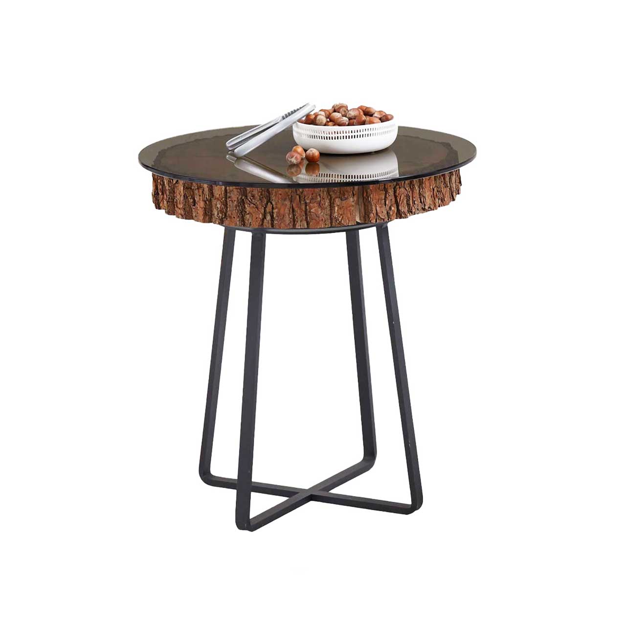 Hartmann NATURWERKE - Beistelltisch 8400C-0472 Kleiner Beistelltisch mit runder Glasplatte auf echter Baumscheibe mit filigranem Metallgestell in Anthrazit.