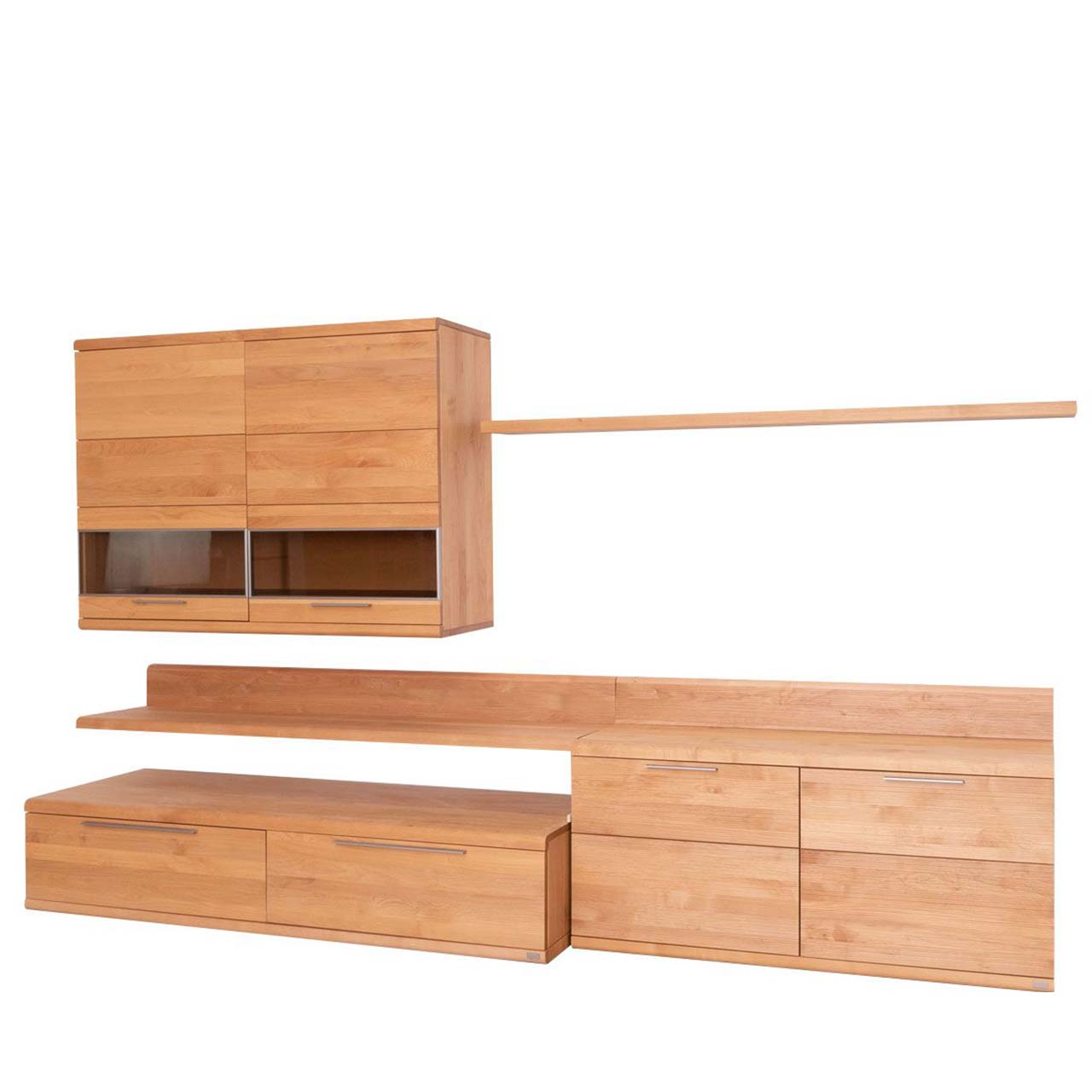 Robuste sechs teilige Wohnwand aus massivem Erlen Holz bestehend aus einer Hängevitrine, einem Wandboard, einem Lowboard mit Schubkästen, einem Unterteil mit Türen, einem Panellaufsatz für TV und einem Winkelboden.