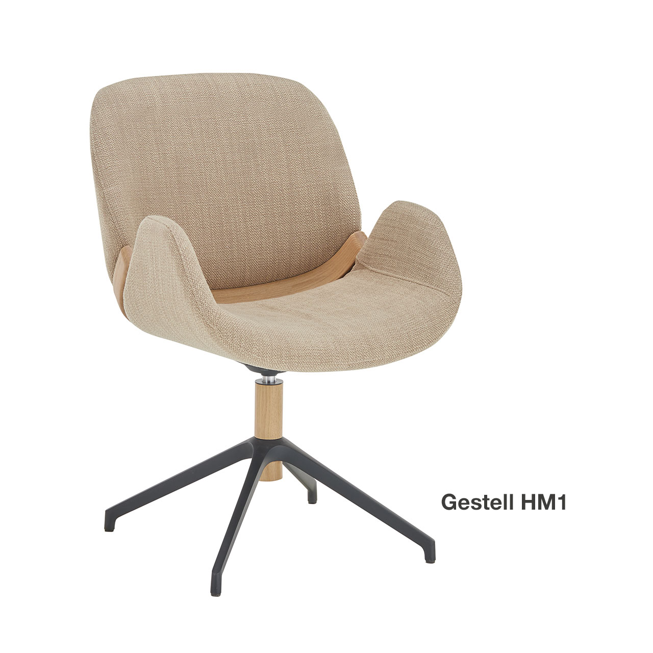 Moderner Esszimmerstuhl mit gepolsteter Sitz- und Rückenfläche sowie nach oben schwingenden Armlehnen in hellbeigem Stoff, mit Holzapplikation im unteren Lendenbereich und Vier-Fuß-Gestell in Metall Anthrazit mit Holz - in Frontansicht.