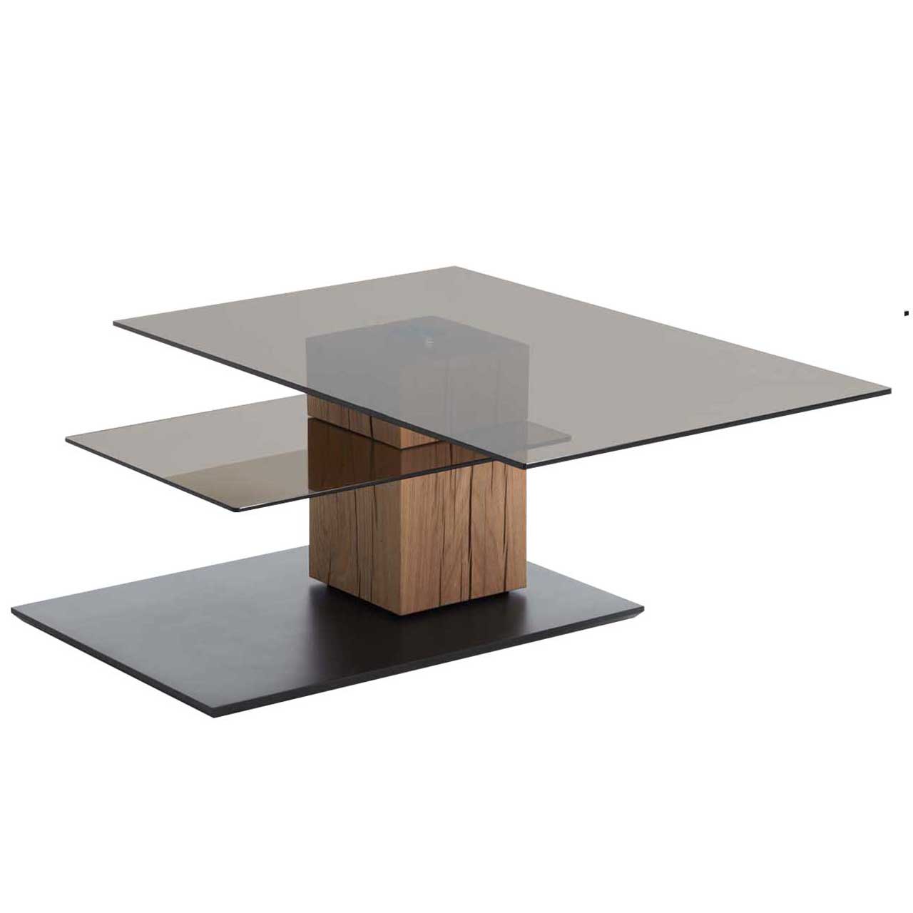 Edler Couchtisch mit drehbarer, rechteckiger Glasplatte und zusätzlicher fester Glasablage darunter. Massive Holzsäule aus Riffholz auf dunkler Bodenplatte.