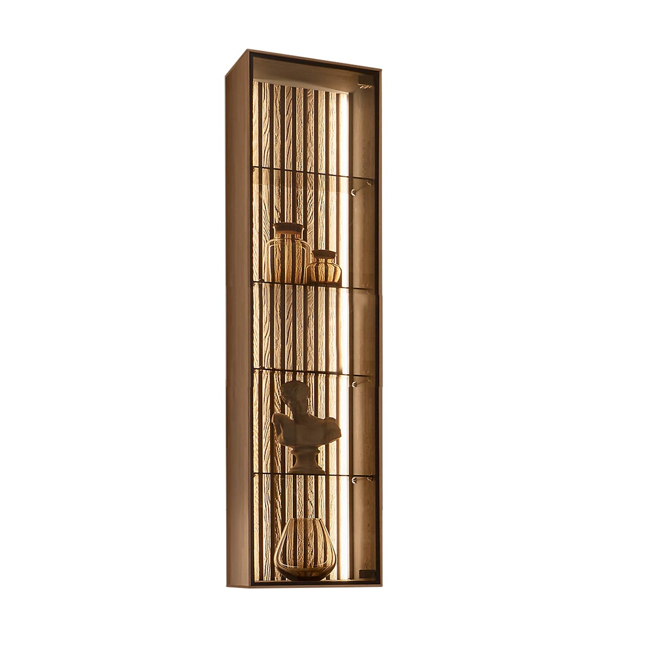 Hartmann SELINO - Hängevitrine 8560-9042 re. - Türanschlag rechts Moderne Hängevitrine aus hellem Massivholz mit Glastür, vier dekorierten Glaseinlegeböden und heller Holzlamellen-Rückwand.