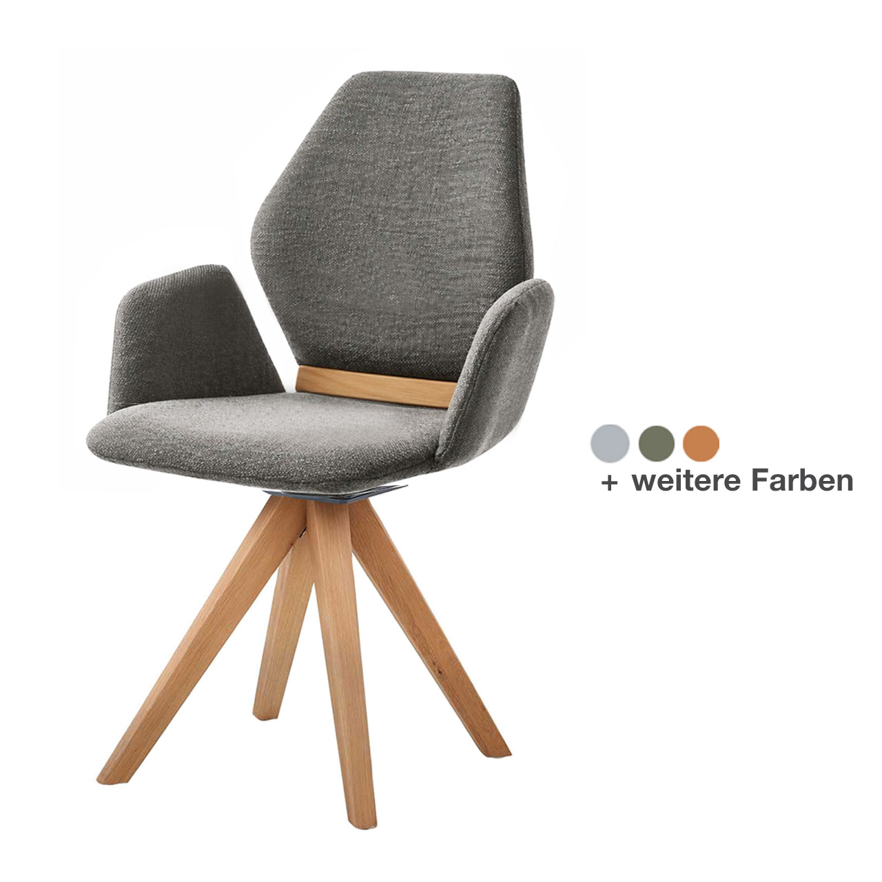 Moderner Esszimmerstuhl mit gepolsteter Sitzfläche sowie Rücken- und Armlehnen in grauem Stoff, mit Holzapplikation im Lendenbereich und Vier-Fuß-Stativgestell aus massivem Holz.