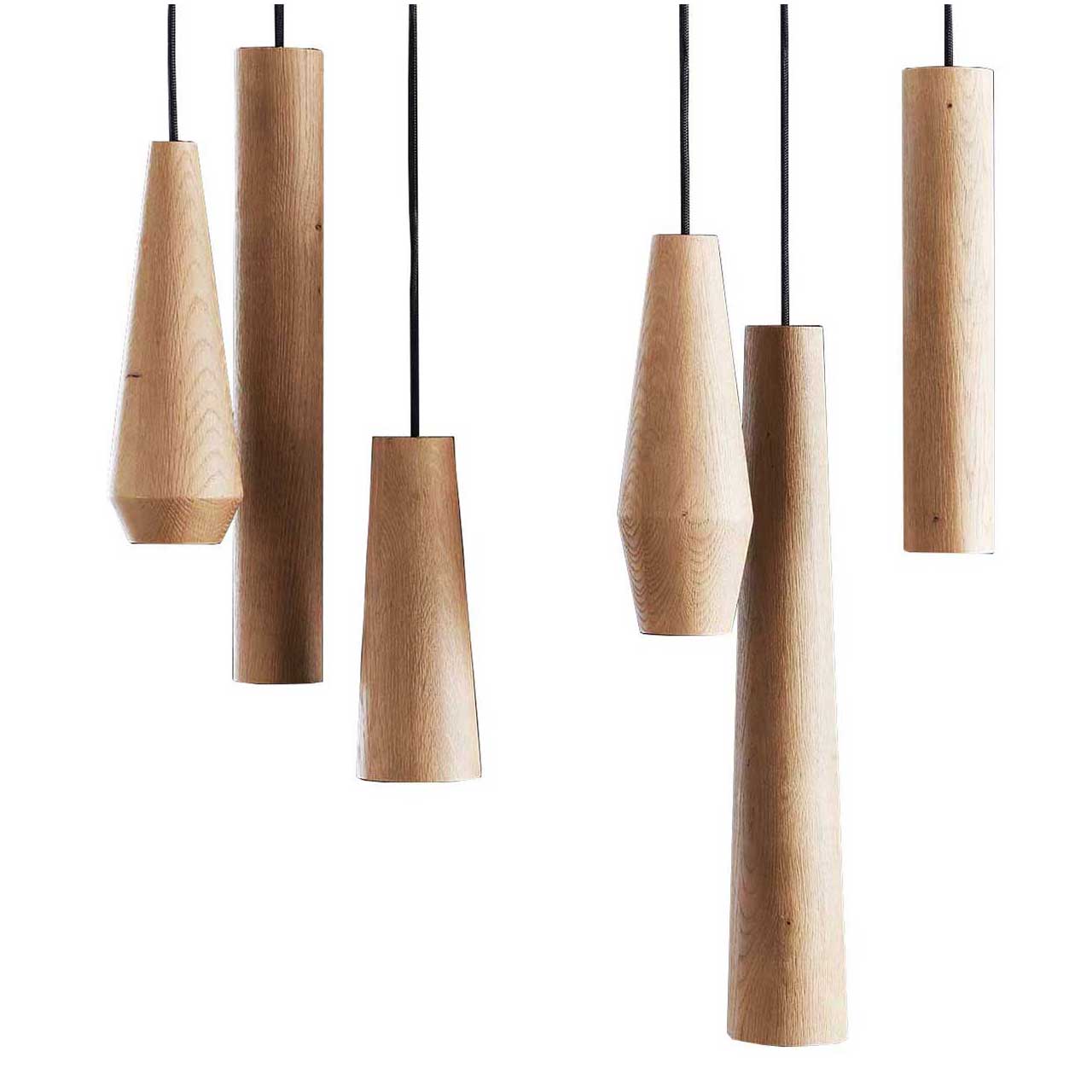 Hartmann NATURZEIT 7100E/8400E - 9910 Pendelleuchte Ausgefallene Pendelleuchte bestehend aus sechs Seilen, daran hängend sechs unterschiedliche, zylinderförmige Holzkörper aus massiver Kerneiche.