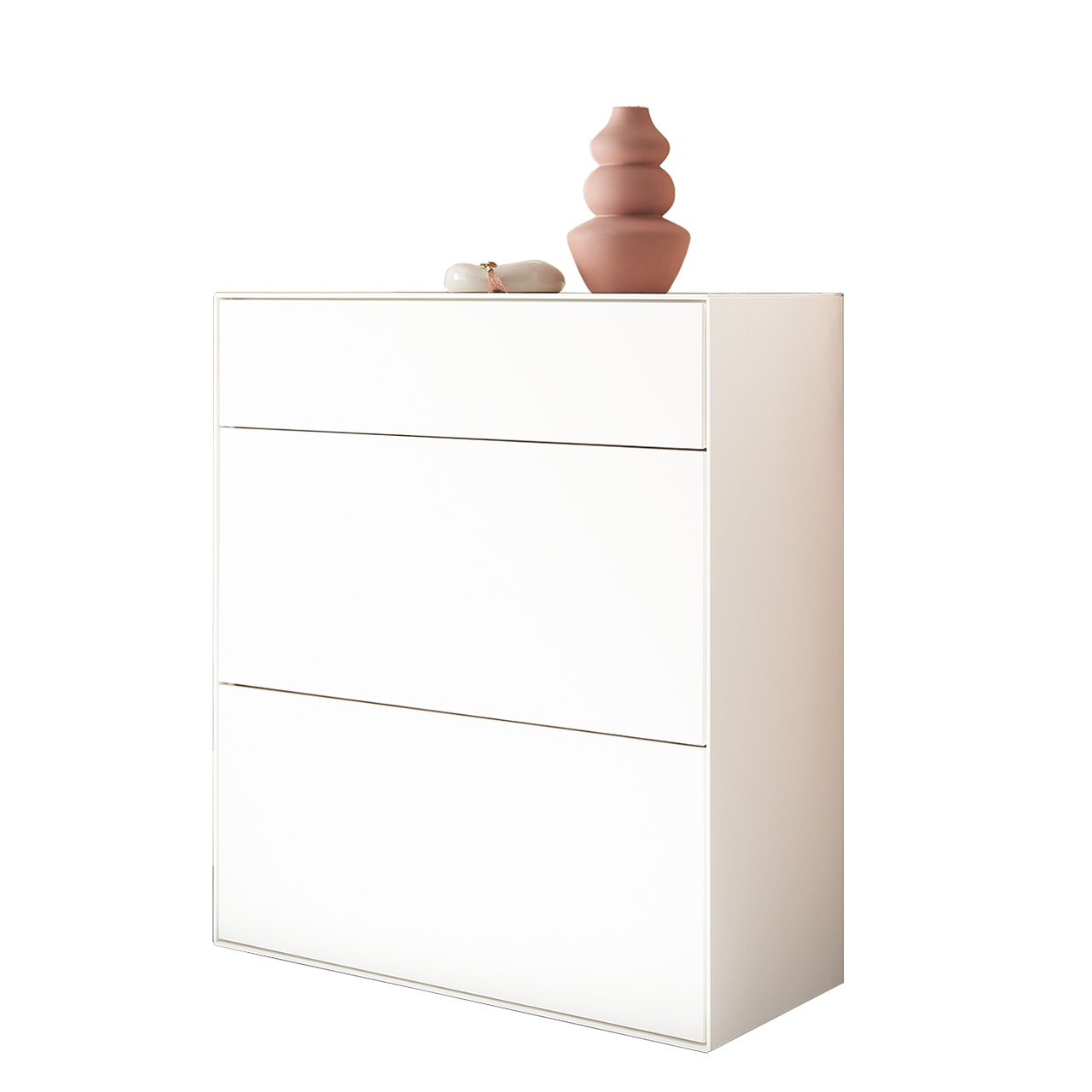 Moderner Stauraumschrank aus massiver Kernbirke in Lack weiß mit einem Schubkasten und zwei Klappen - Breite 88cm.