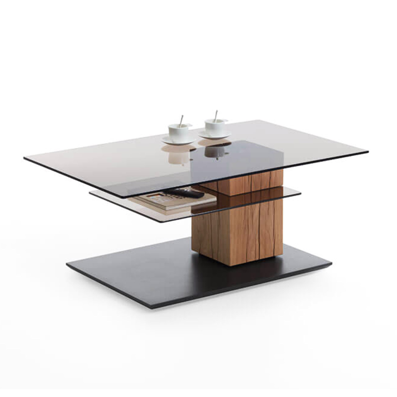 Couchtisch mit drehbarer Glasplatte und zusätzlicher Glasablage