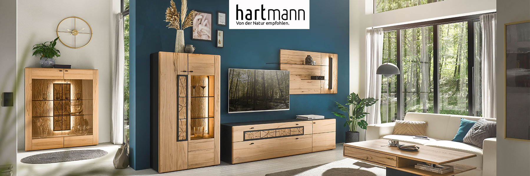 Hartmann Möbel - Möbelserie KNUD - Kernesche Hartmann KNUD - Massivholzmöbel aus heller Kernesche kombiniert mit anthrazit und dekorativen, eckigen Hirnholzscheiben. Ambientebild zeigt Lowboard mit Hirnholz, darüber beleuchtetes Wandpaneel mit Glasböden. Links Highboards mit Glastür und Hirnholz.