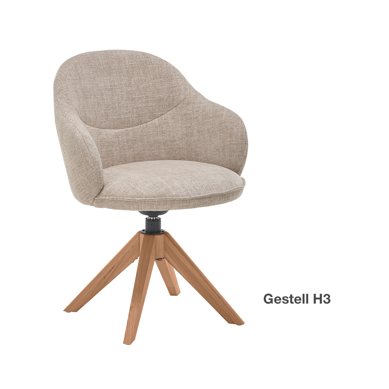 Moderner drehbarer Armlehnstuhl mit beige grauem Stoffbezug und gepolsterter Sitzschale auf Vier-Fuß-Stativgestell in Kerneiche Natur. Rechts daneben textlicher Hinweis „Gestell H3“ - in Frontansicht.