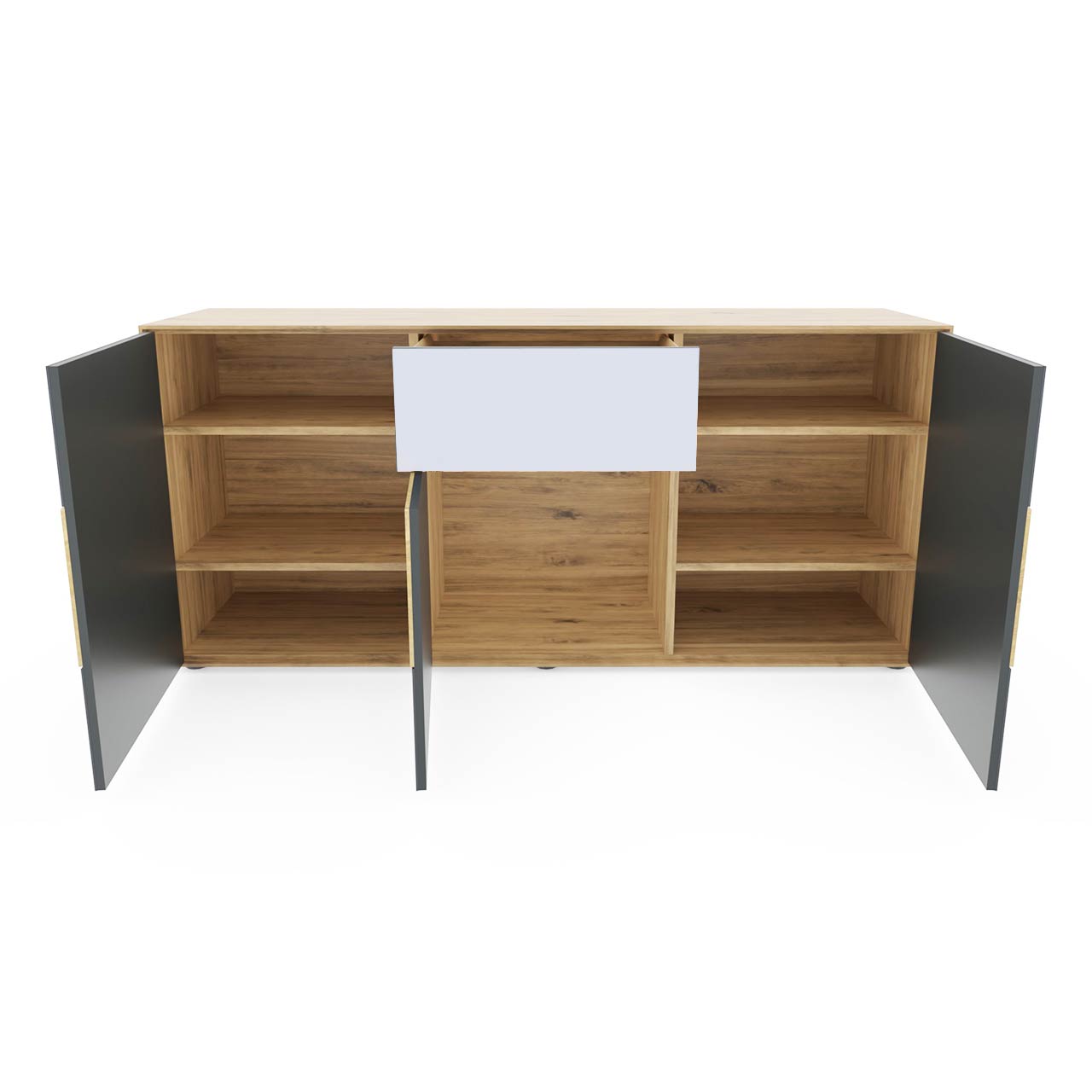 Modernes Sideboard aus massiver Kerneiche Umato mit Mattglas weiß Front mit drei offenen Türen und einem offenem Schubkasten.