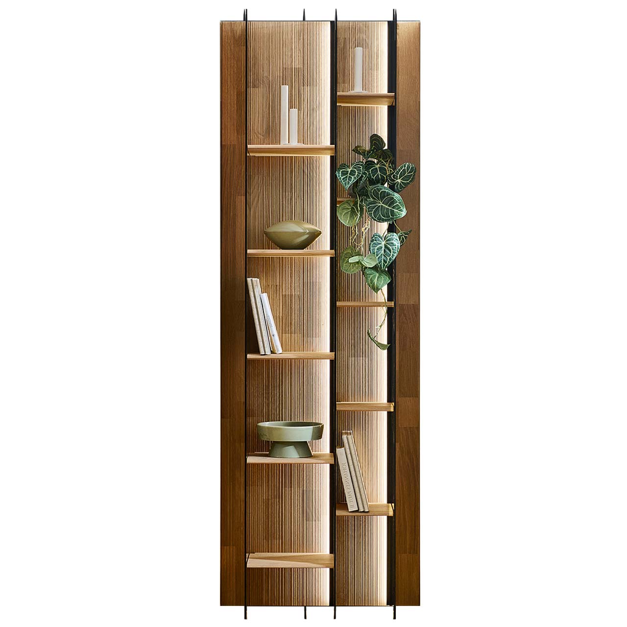 Hohes Wandregal aus massivem Holz und edel verarbeiteter, geschroppter Rückwand mit zehn Holzböden und drei beleuchteten Glasseiten in Parsolbronze - in Frontansicht. 