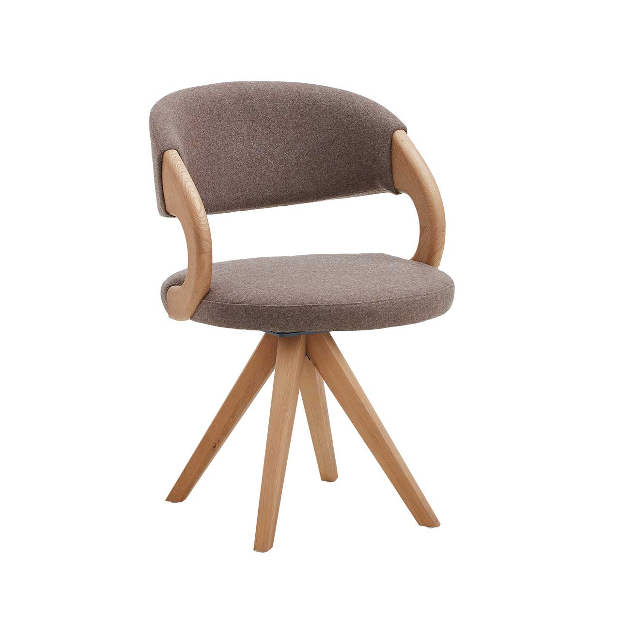 Hartmann NATURZEIT 7100E/8400E - 1636 Stuhl Sophia Moderner Esszimmerstuhl mit gepolsterter, runder Sitzfläche und Rücken in dunkelbeigem Stoff, offener Lendenbereich mit seitlichen Holzlehnen und Vier-Fuß-Stativgestell aus massivem Holz.
