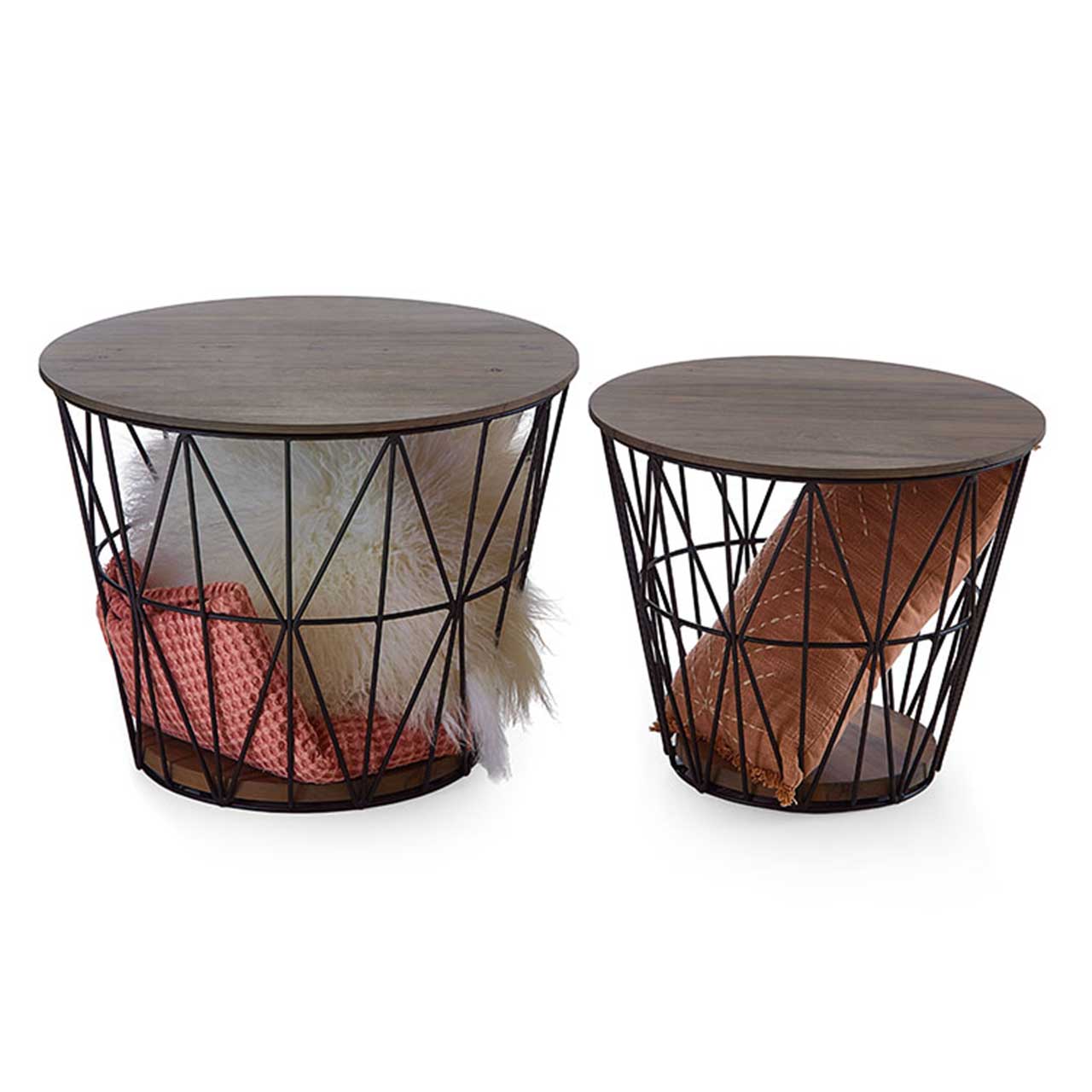 Zwei raffinierte Couchtische mit feinem Metallkorb in Anthrazit und abnehmbarem runden Holzdeckel sowie runder Bodenplatte aus Alholzbuche Uyaa.