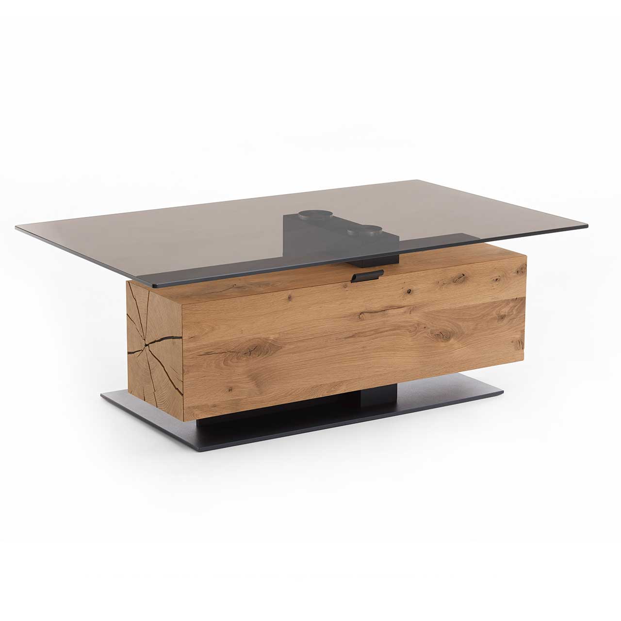 Hartmann NATURWERKE - Couchtisch 7100C-0481 Moderner Couchtisch mit rechteckiger Glasplatte und Hirnholzblock aus massiver Kerneiche mit Klappe und Stauraumfach.