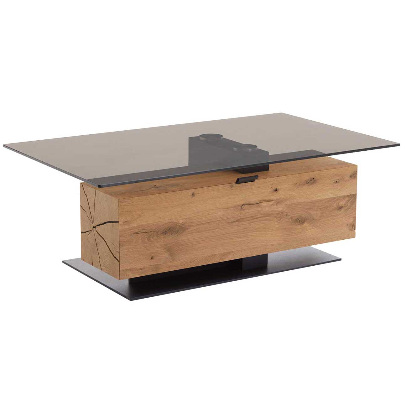 Hartmann CAYA - Couchtisch mit Glasplatte 7170-0481 Moderner Couchtisch mit eckiger Glasplatte und massivem Holzblock aus Kerneiche Umato mit Klappe und Stauraumfach.
