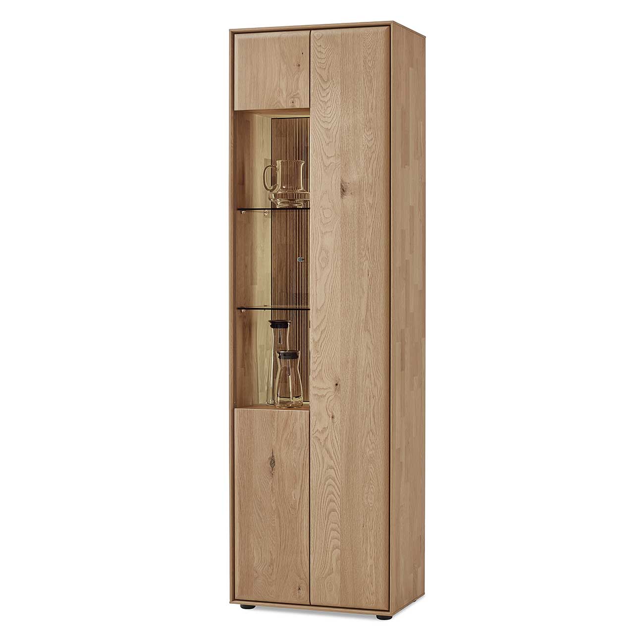 Moderne 2-türige Standvitrine aus massivem Eichenholz mit einer Holztür rechts und einer Glas/Holztür links - in Seitenansicht. 