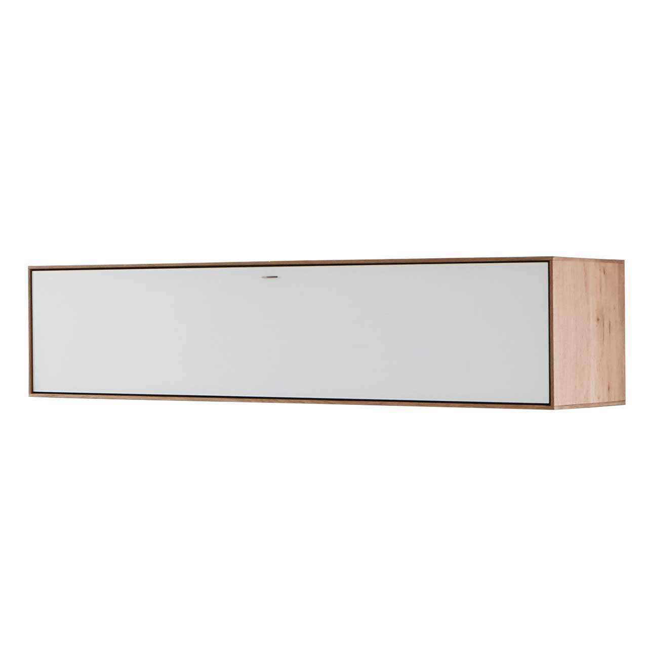 Schlichter, länglicher Hängeschrank aus massiver Kerneiche Umato mit Mattglas weiß Front