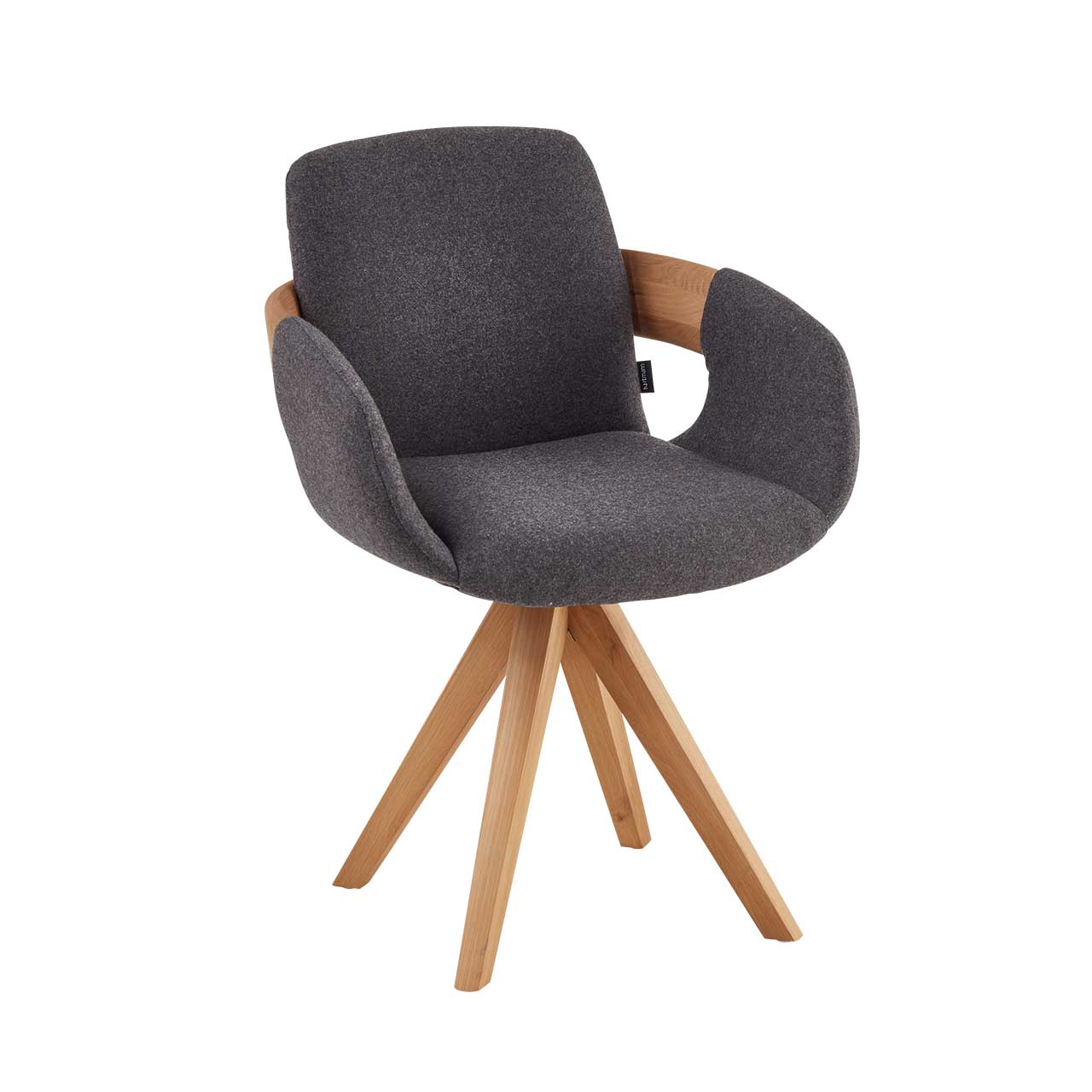 Hartmann NATURZEIT 7100E/8400E - 1642 Stuhl Emil Comfort Moderner Esszimmerstuhl mit gepolsterter Sitzfläche und Rückenlehne in dunkelgrauem Stoff, Holzapplikation an Lehnen und Vier-Fuß-Stativgestell aus massivem Holz.