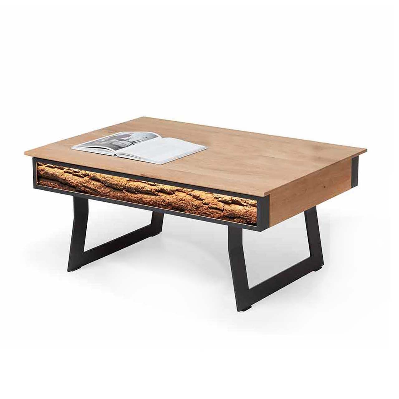 Hartmann NATURWERKE - Couchtisch 8400C-1410 Moderner Couchtisch mit höhenverstellbarer Tischplatte aus Kerneiche mit integriertem Stauraumfach und seitlicher Rindenapplikation - auf zwei Metallkufen in Anthrazit.