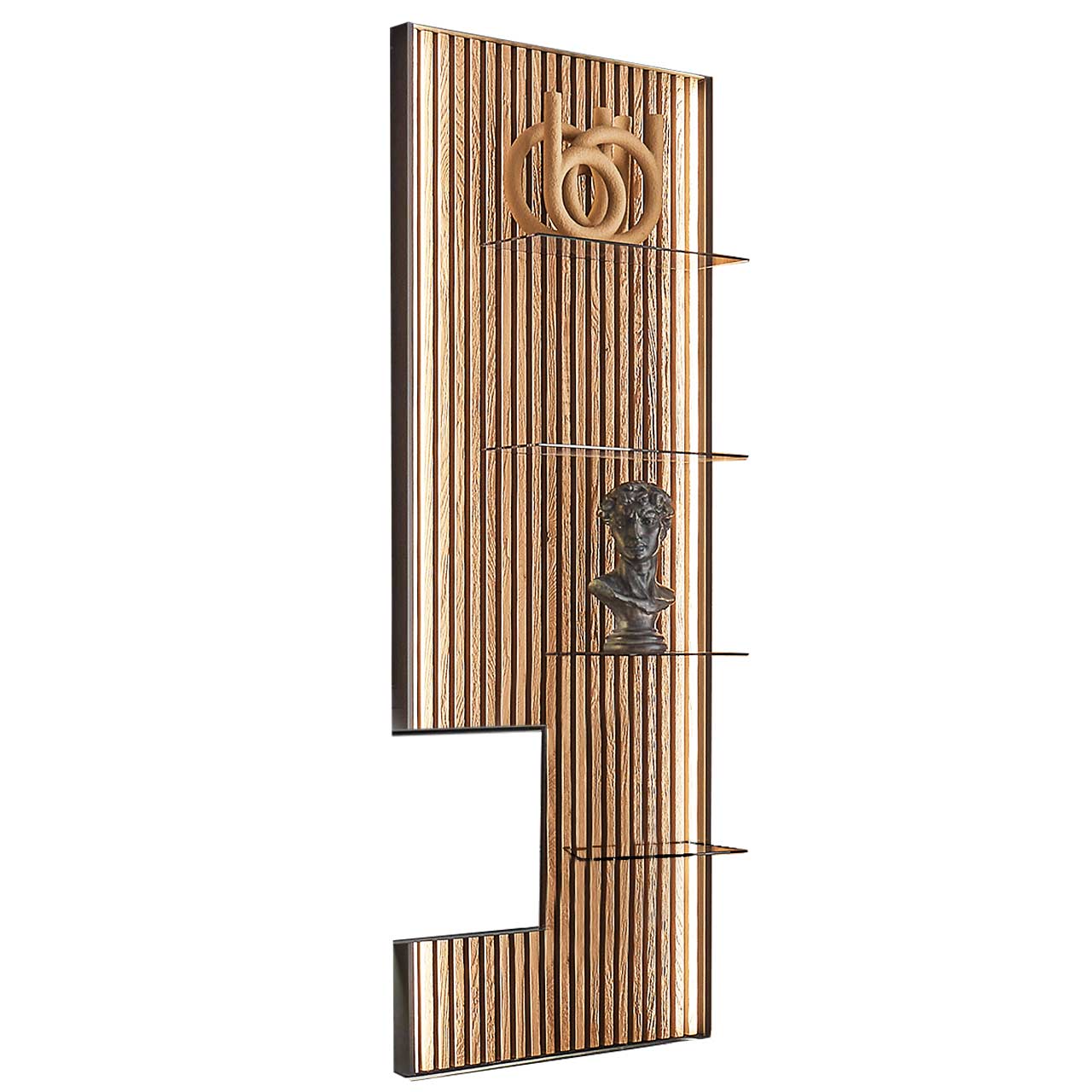 Hartmann SELINO - Wandpaneel 8560-0079 re. Modernes Wandpaneel mit Lamellenrückwand aus hellem Holz mit vier Glasböden aus Parsolglas und links mit seitlichem Ausschnitt für passende Möbel.