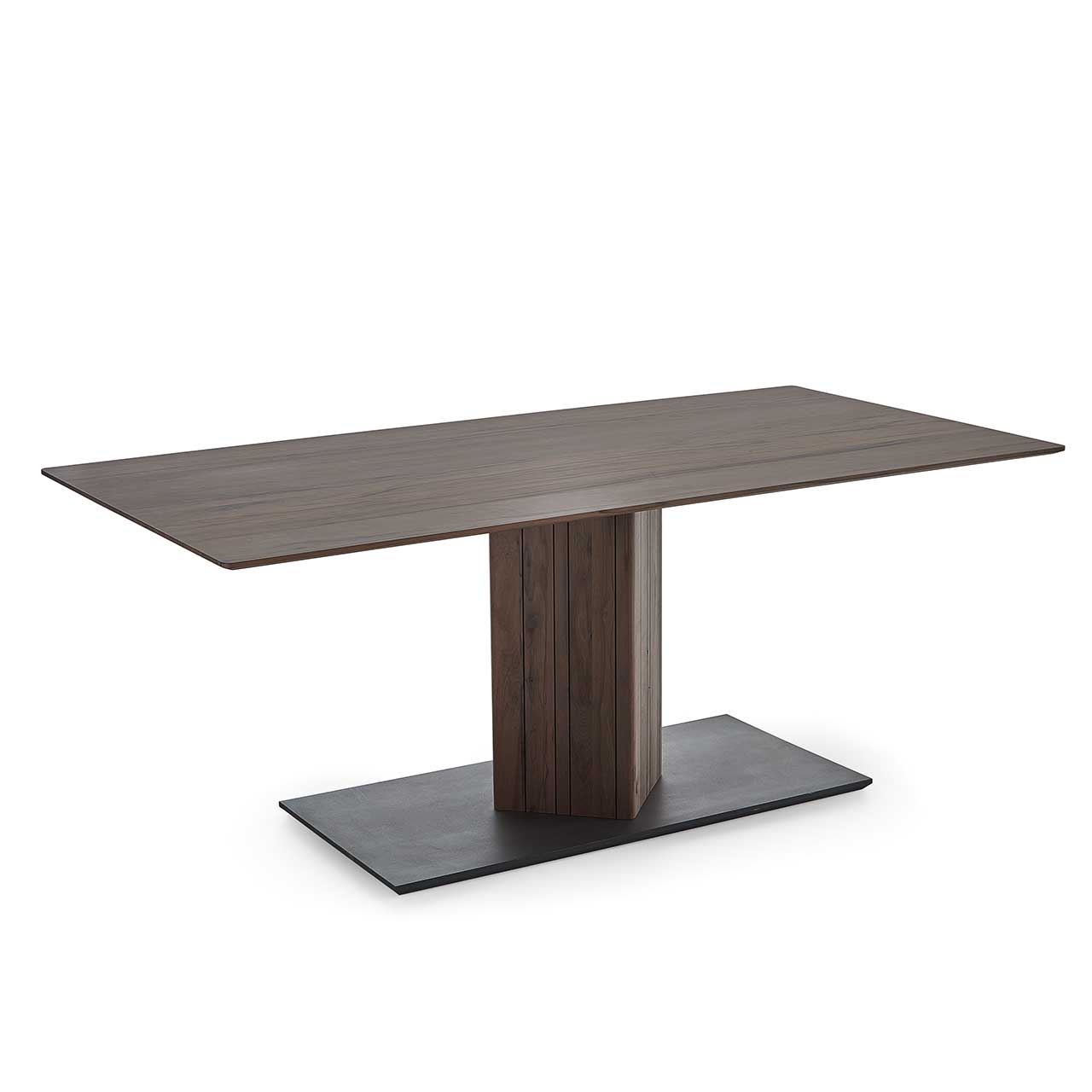 Esstisch mit rechteckiger Tischplatte aus dunkel gemasertem Buchenholz auf massiver Vierkantsäule. Die Bodenplatte ists anthrazit lackiert. Tisch steht leicht seitlich.