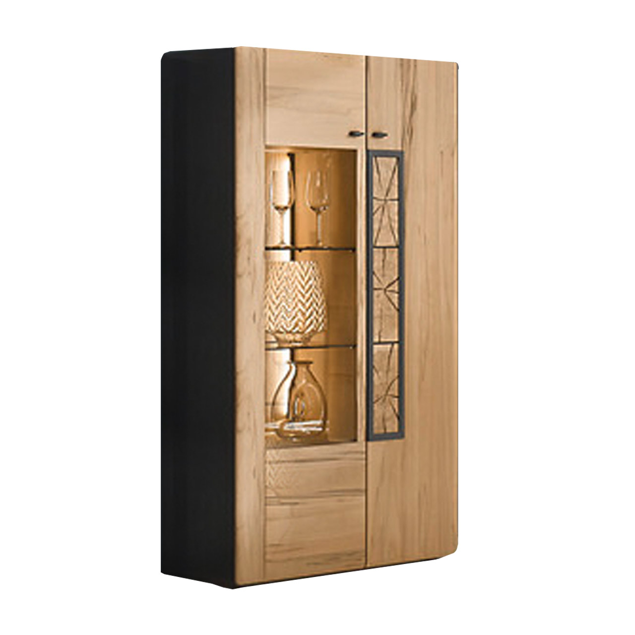 Hartmann KNUD 5580-8187 Highboard Seitlich stehendes Highboard aus massiver heller Kernbuche mit Glastür aus bronzefarbenem Parsolglas und Holztür mit Hirnholzscheiben. Korpus seitlich Anthrazit lackiert.