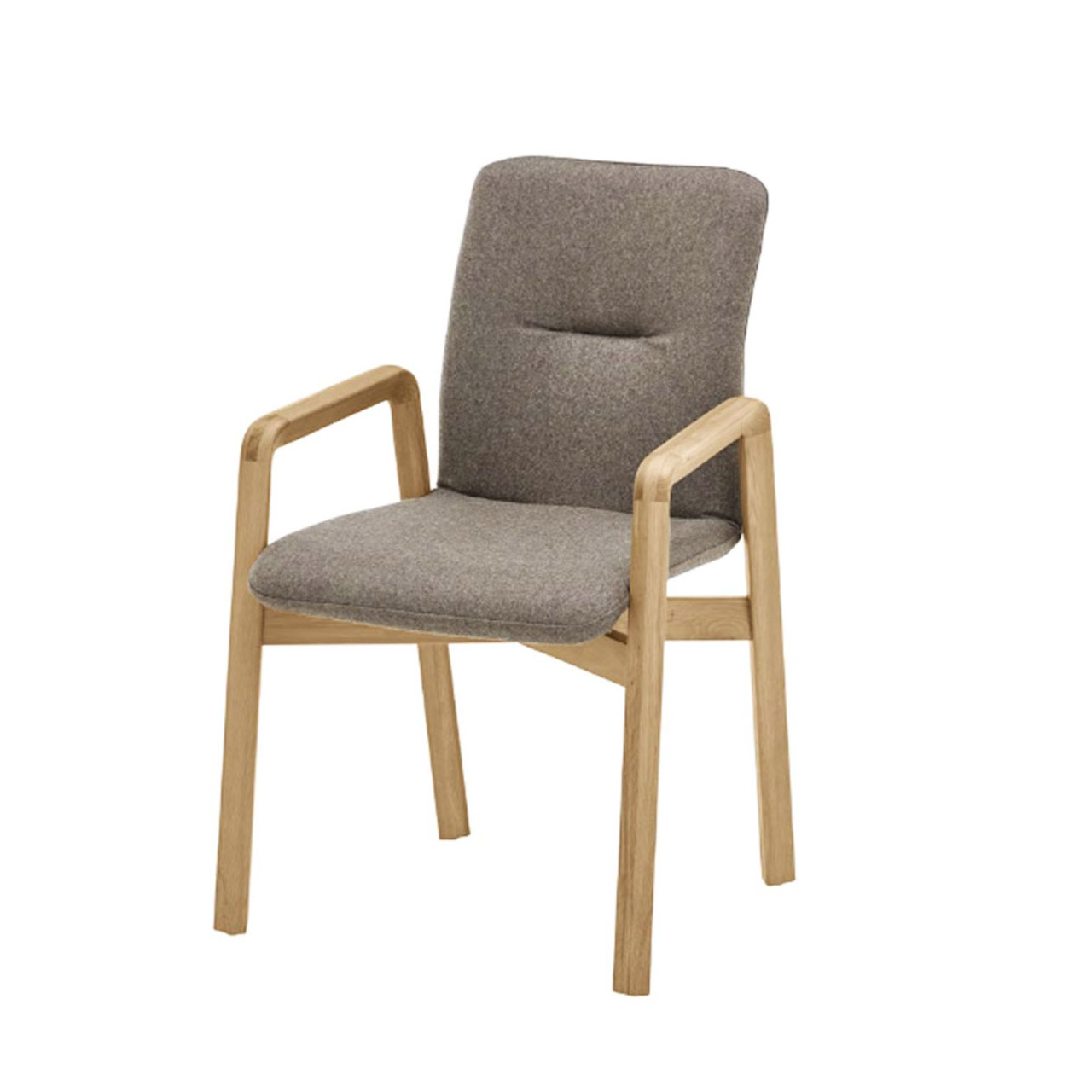 Hartmann NATURZEIT 7100E/8400E - 1722 Stuhl Naaja Klassischer Esszimmerstuhl mit gepolstertem Sitz und Rücken in dunkelbeigem Stoffbezug. Seitliche Holzlehnen und passendes Vier-Fuß-Gestell aus Massivholz.