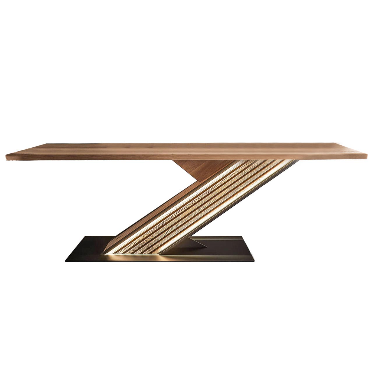 Hartmann NATURZEIT 7100E/8400E - 1812 Esstisch Y400 Moderner Esstisch aus heller, massiver Kerneiche mit rechteckiger Tischplatte. Beleuchtete, schräge Säule mit Massivholz-Lamellen auf anthrazitfarbener Bodenplatte.