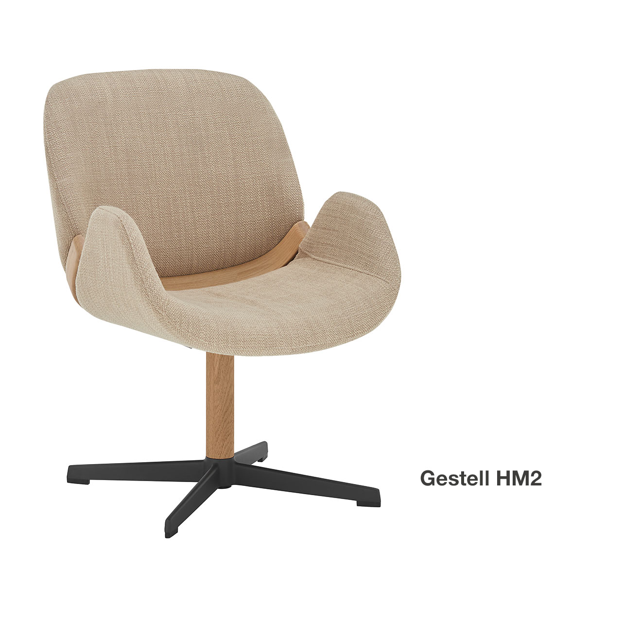 Moderner Esszimmerstuhl mit gepolsteter Sitz- und Rückenfläche sowie nach oben schwingenden Armlehnen in hellbeigem Stoff, mit Holzapplikation im unteren Lendenbereich und Vier-Fuß-Metallgestell Anthrazit mit Holz in stabiler Kreuzform