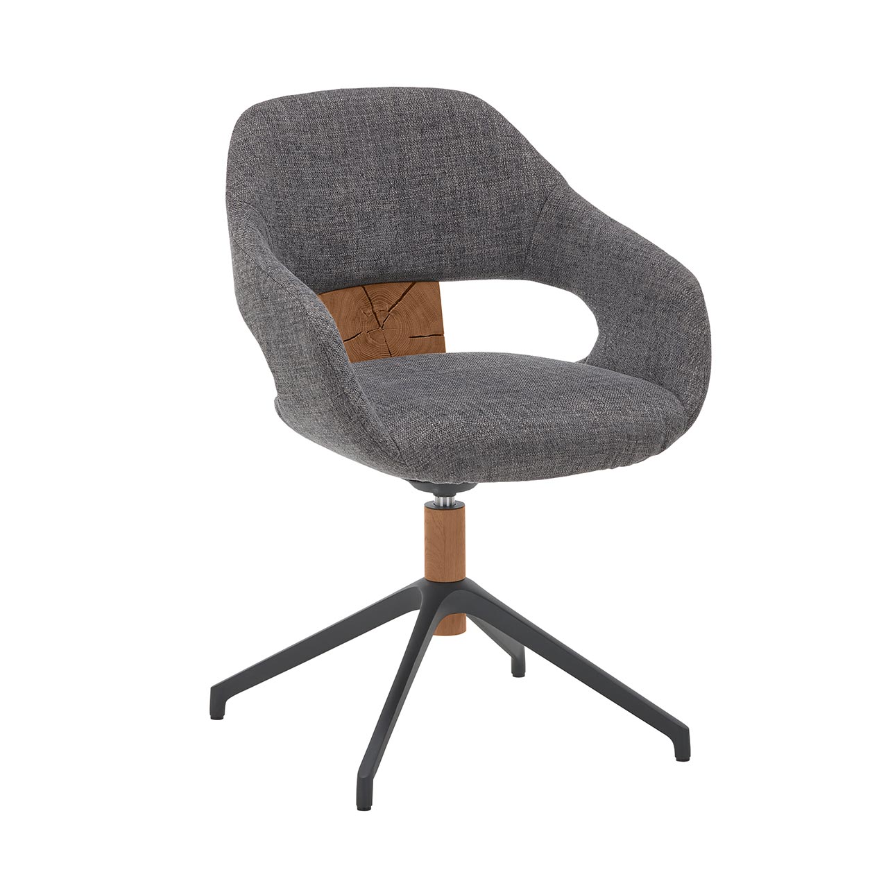 Hartmann NATURZEIT 7100E/8400E - 1727 Stuhl Aaron - Frontansicht Frontansicht eines drehbaren Armlehnstuhls mit anthrazitfarbenem Stoffbezug und gepolsterter Sitzschale. Mit dekorativer Hirnholzscheibe im Lendenbereich auf Vier-Fuß-Gestell mit Holz und Metall Anthrazit