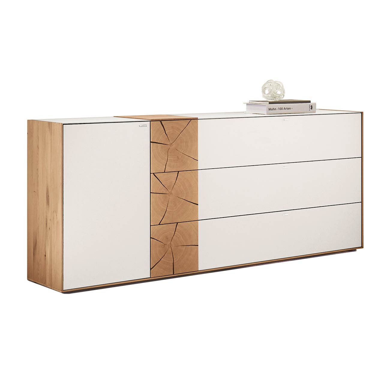 Hartmann CAYA - Sideboard 7170-4205W Modernes Sideboard aus massiver Kerneiche Umato mit Mattglas weiß Fronten und dekorativer Hirnholz Applikation aus drei vertikal verlaufenden rechteckigen Hirnholzscheiben.