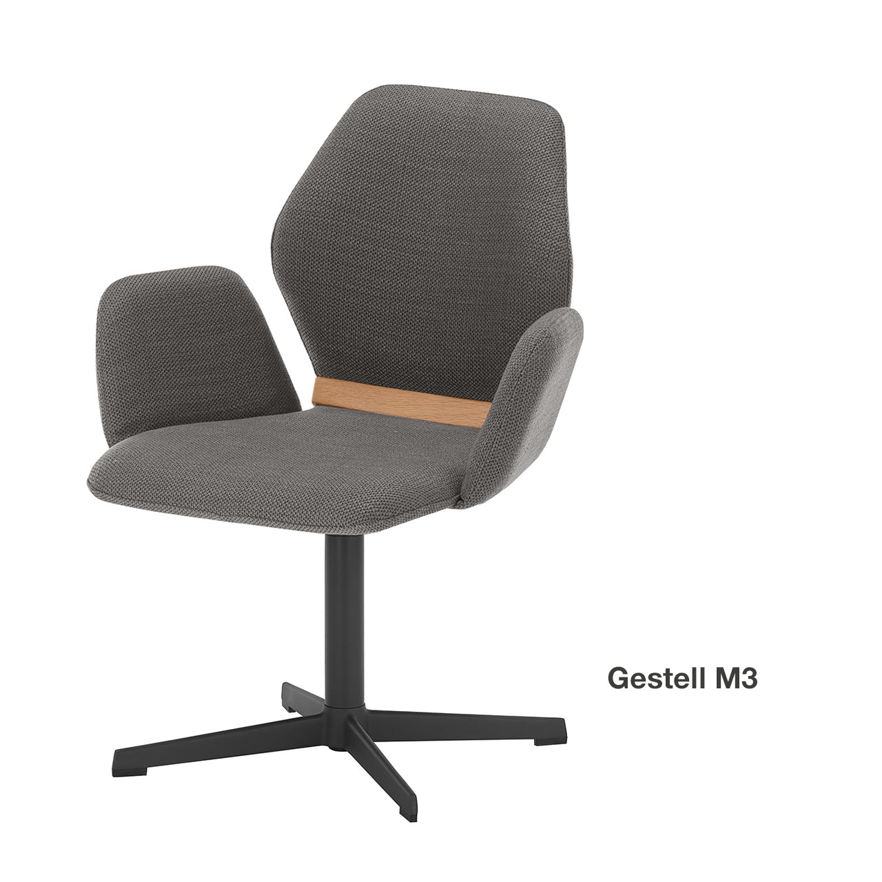 Moderner Esszimmerstuhl mit gepolsteter Sitzfläche sowie Rücken- und Armlehnen in dunkelgrauem Stoff, mit Holzapplikation im Lendenbereich und Vier-Fuß-Metallgestell anthrazit in moderner Kreuzform.